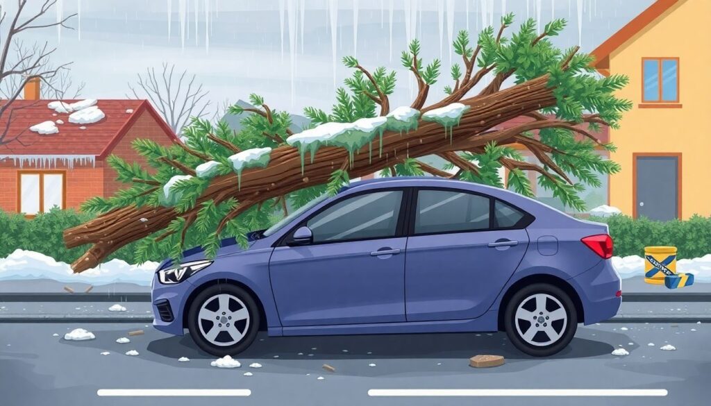 Страхование от падения деревьев и других предметов на автомобиль. - иллюстрация