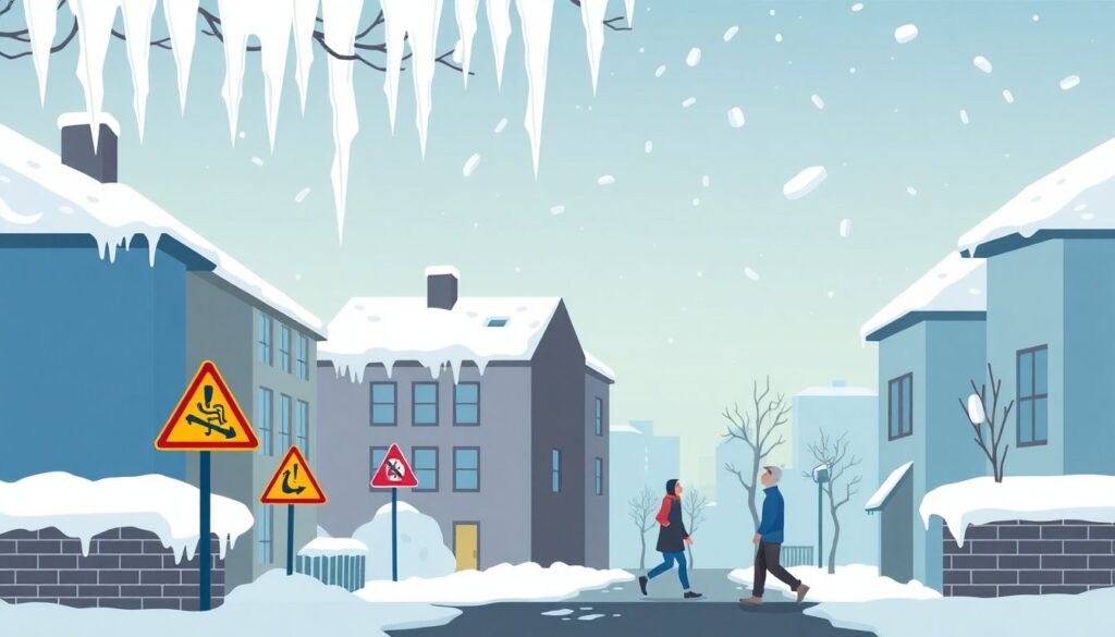 Страхование от сосулек и наледи с крыш — защита от неожиданных зимних рисков Страхование от падения сосулек и наледи с крыш. - иллюстрация