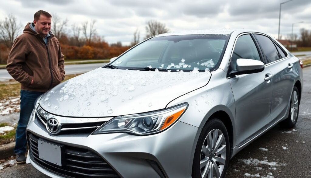 Страхование от града для автомобиля — защита от повреждений и финансовых потерь Страхование от повреждения автомобиля градом. - иллюстрация