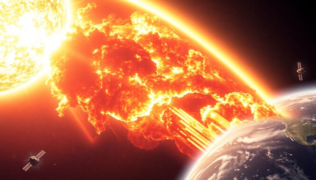 Страхование от солнечных вспышек для защиты техники и электроники Страхование от последствий солнечных вспышек. - иллюстрация