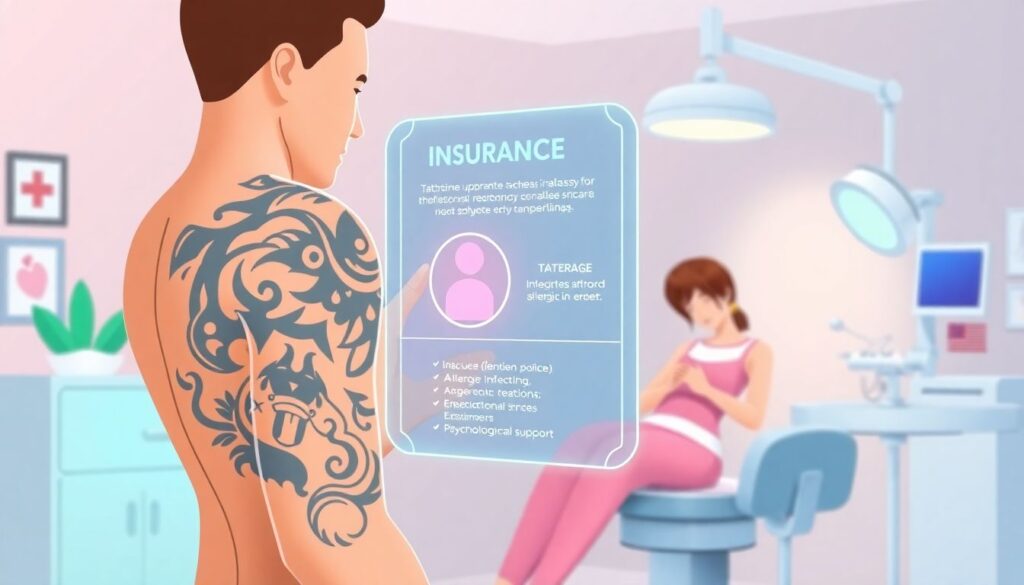 Страхование тату и пирсинга от неудачных последствий и осложнений Страхование от неудачного тату или пирсинга. - иллюстрация